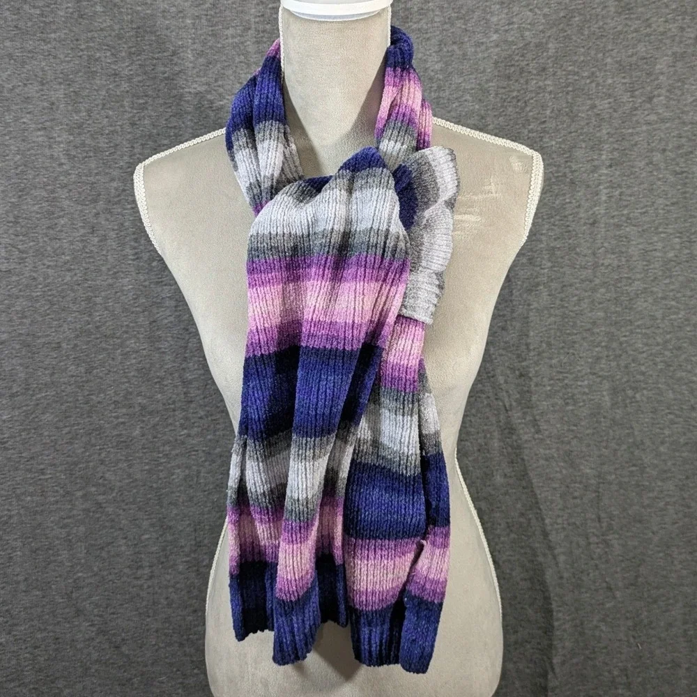 Merona Womens Purple Blue Pink Striped Chenille Ribbed Knit Winter Scarf
